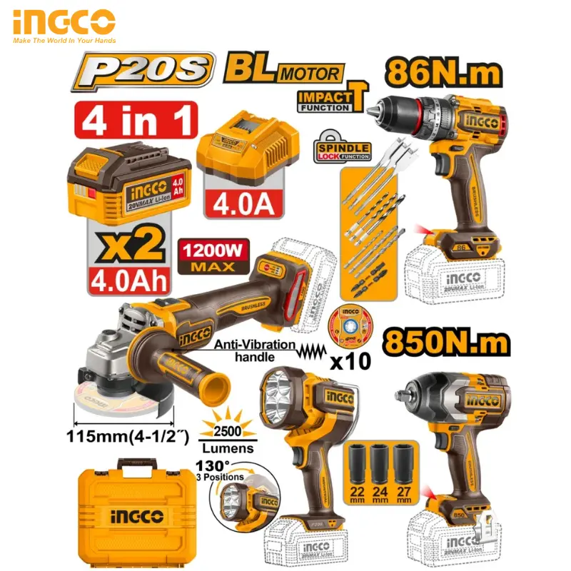KIT COMPLET 4 PIÈCES AVEC DEUX BATTERIES 4,0 AH INGCO COSLI251192 - 1