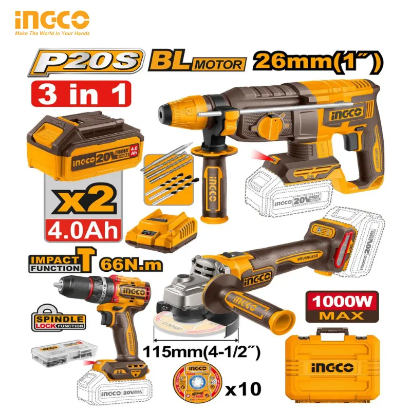PACK 3 PCS INGCO MARTAUX + VISSEUSE + MEULE COSLI241198 - Image 1