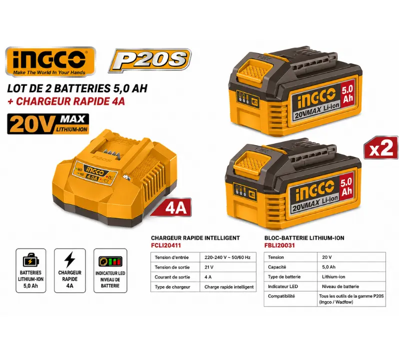 LOT DE 2 BATTERIES 5,0 AH + CHARGEUR 4A INGCO 20V – FBCPK2513 - 1