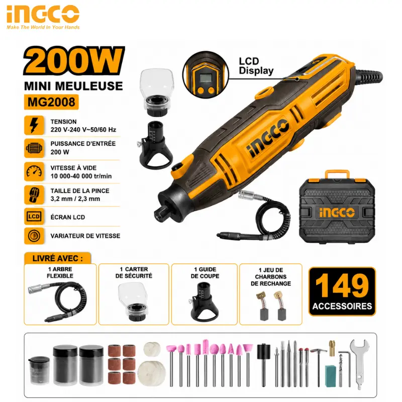 PERCHE INGCO 16V PLIABLE – CERLI1658 MINI MEULEUSE 200W AVEC 149 PIECES ACCESSOIRES INGCO MG2008 - 1
