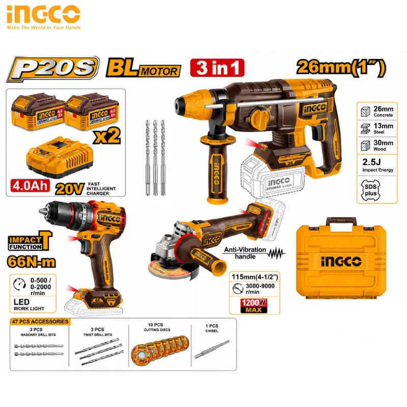 PACK 3 PCS INGCO MARTAUX + VISSEUSE + MEULE CKLI202598 - 1