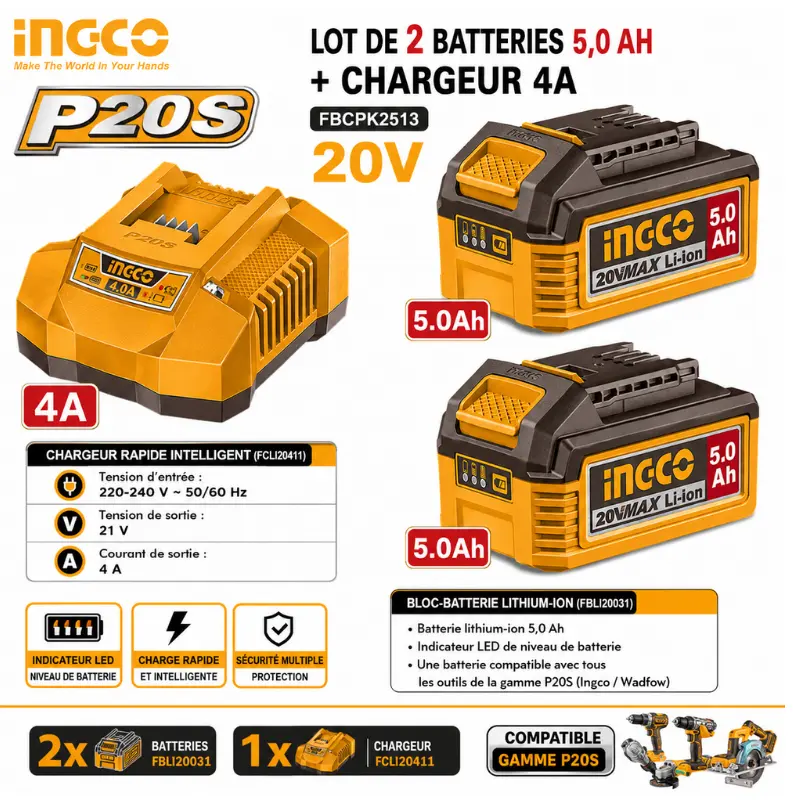 LOT DE 2 BATTERIES 5,0 AH + CHARGEUR 4A INGCO 20V – FBCPK2513 - 1