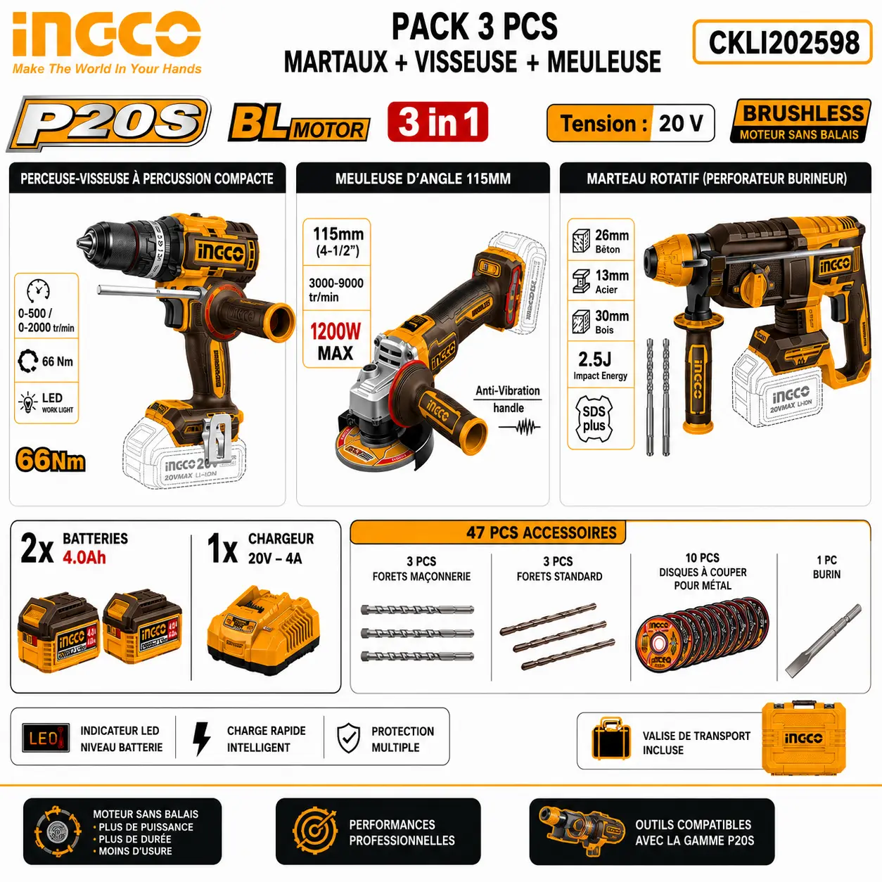 PACK 3 PCS INGCO MARTAUX + VISSEUSE + MEULE CKLI202598 - 1
