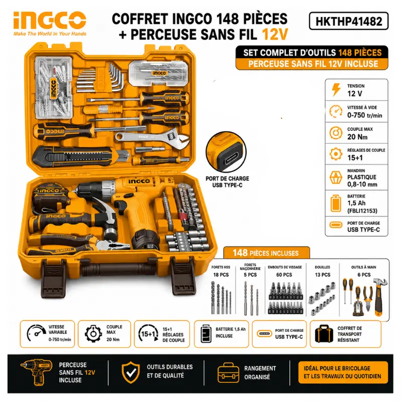 COFFRET INGCO 148 PIÈCES + PERCEUSE SANS FIL 12V HKTHP41482 - 1