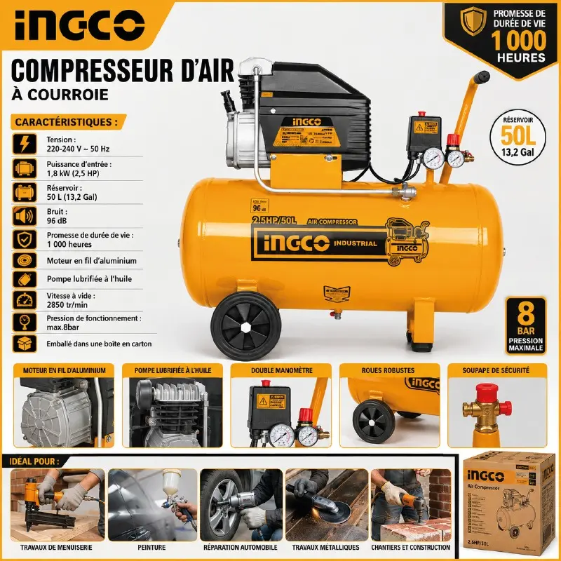 COMPRESSEUR D'AIR 50L INGCO AC255081E - Image 1
