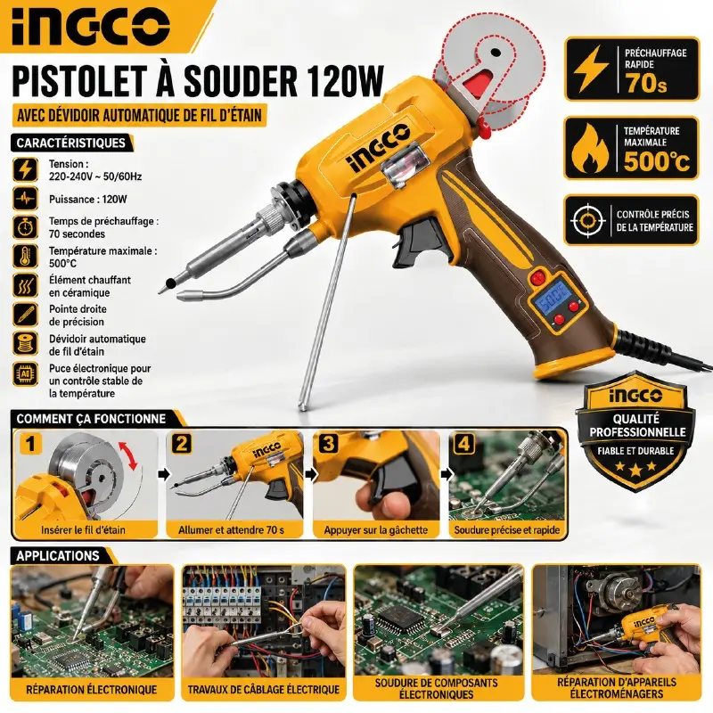 PISTOLET FER À SOUDER AVEC DISTRIBUTEUR DE SOUDURE INGCO SI036732 - 1