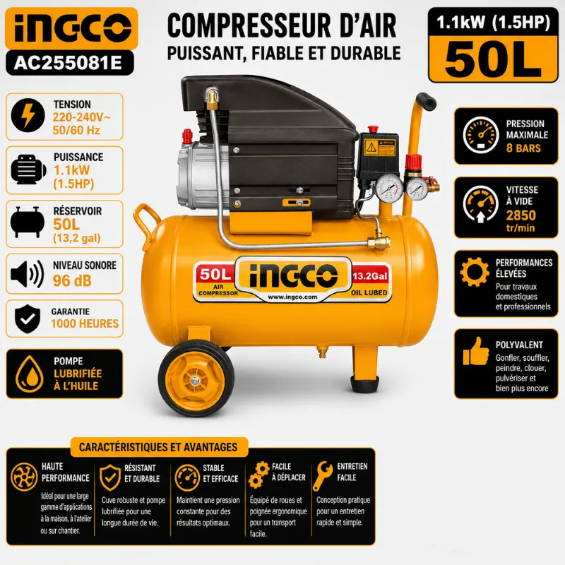COMPRESSEUR D'AIR 50L  INGCO AC255081E - 1