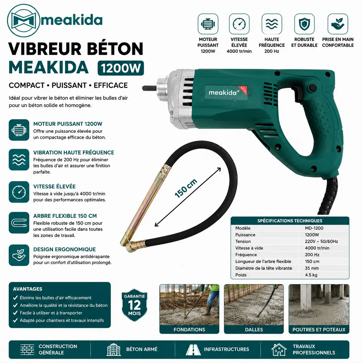 VIBREUR BETON MEAKIDA 1200W  - 1